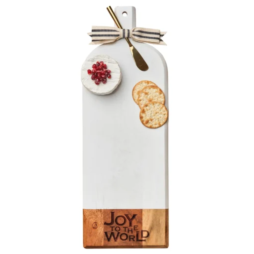 Acacia Bevel Board Long White w/ Gold Spreader & Ribbon | Joy To The World | 20 x 7"-Maple Outlet