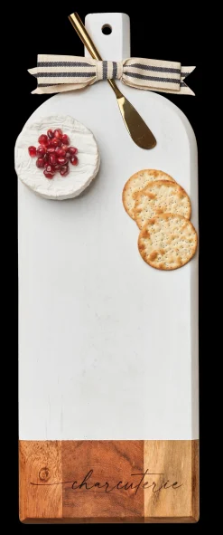 Acacia Bevel Board White w/ Ribbon & Gold Spreader Knife | Charcuterie Script | 20 x 7"-Maple Discount