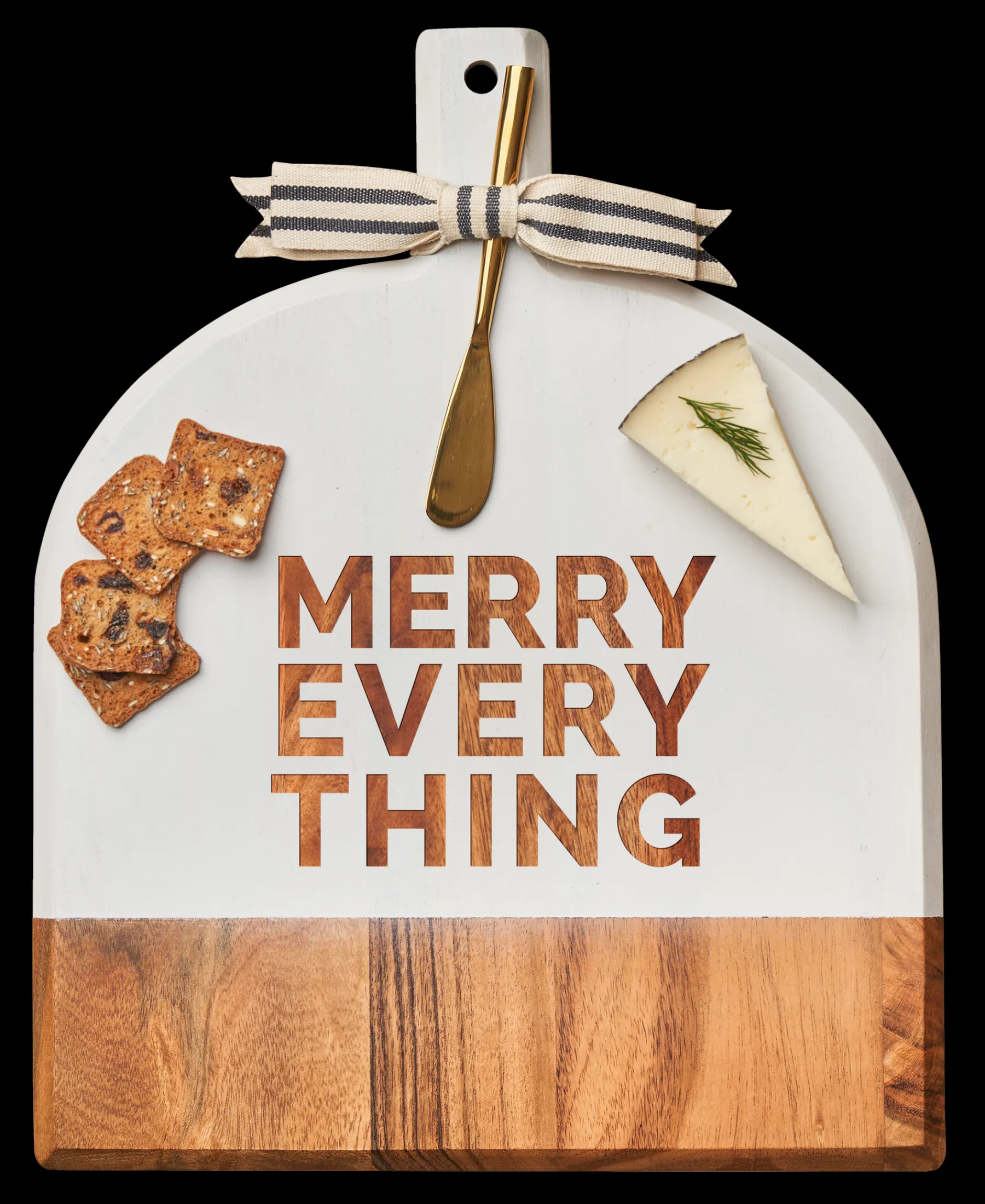Acacia Bevel Board White w/ Ribbon & Gold Spreader Knife | Merry Everything | 15" X 12" X .6"-Maple Outlet