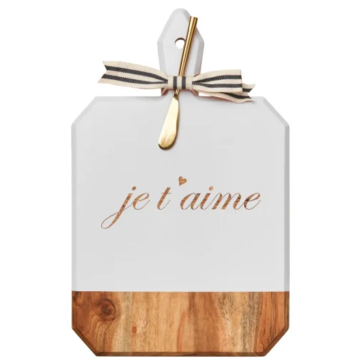 Acacia Heirloom Board Rectangle In White Color w/ Gold Spreader & Ribbon | Je T’aime | 16 x 10"-Maple Online