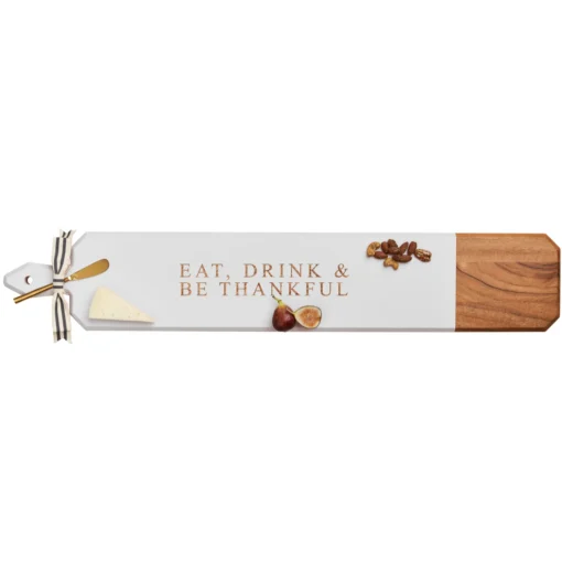 Acacia Heirloom Board Skinny In White Color w/ Gold Spreader & Ribbon | Eat Drink & Be Thankful | 34 x 6"-Maple Clearance