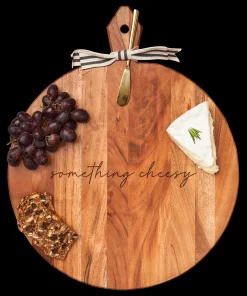 Acacia Heirloom Board with Handle Round & Gold Spreader Tied with Gray & White Ribbon | something cheesy | 20 x 16 x .6"-Maple Sale